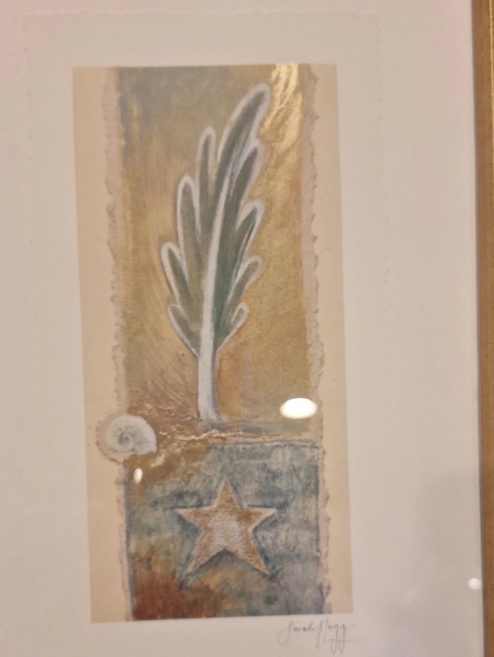 Vtg. Pier 1 Framed Star & Leaf Artwork in Gold Frame Signed Sarah Lugg